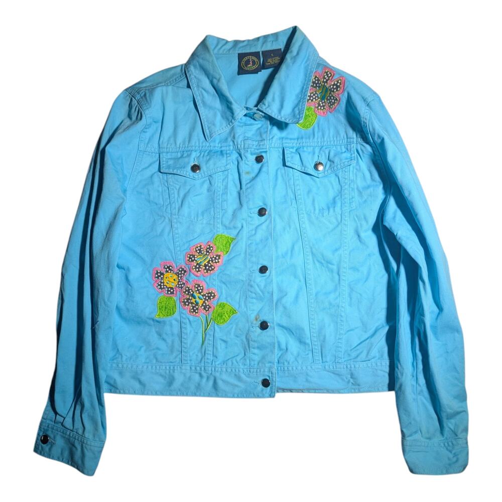 Vtg Y2K Lighthouse Sky Blue Floral Embroidered Applique Trucker Jacket Sz L